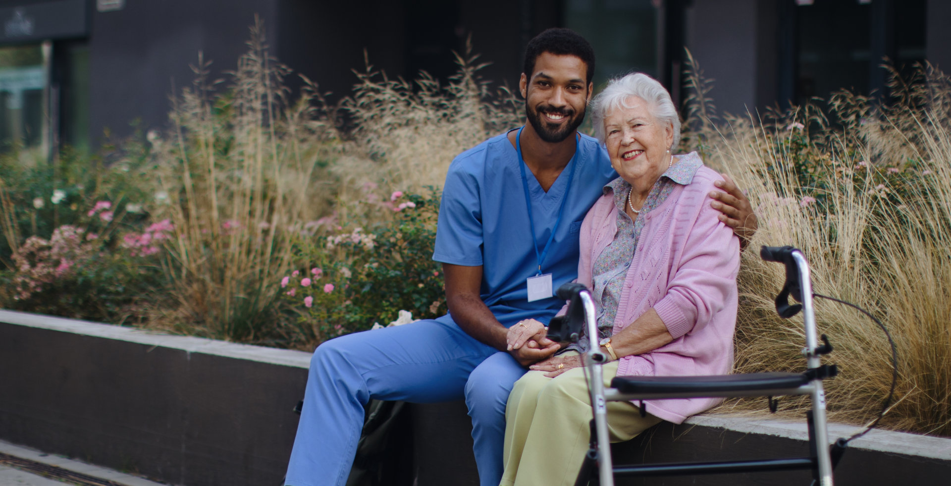 caregiver and senior smiling